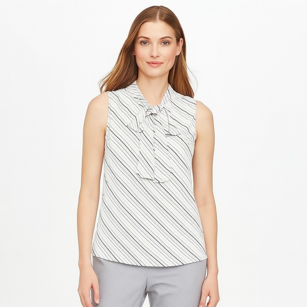 Bar III Striped Tie-Neck Blouse Women's Size XL White Combo Sleeveless